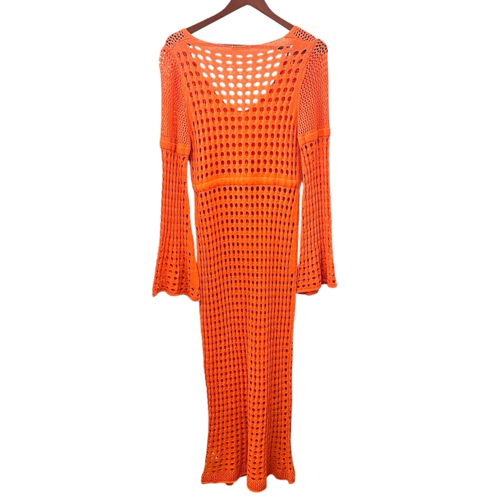 Zara Crochet Open Knit Maxi Dress Swim Coverup Orange Vacation Beachy Size Small - Picture 5 of 13